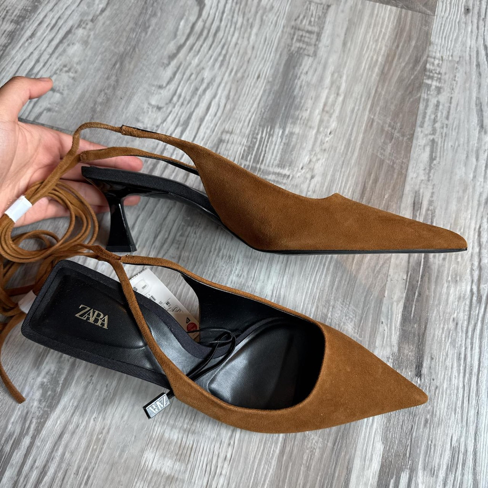 ZARA LACE-UP LEATHER SLINGBACK HEELS - BRAND NEW WITH TAGS - Picture 7 of 8